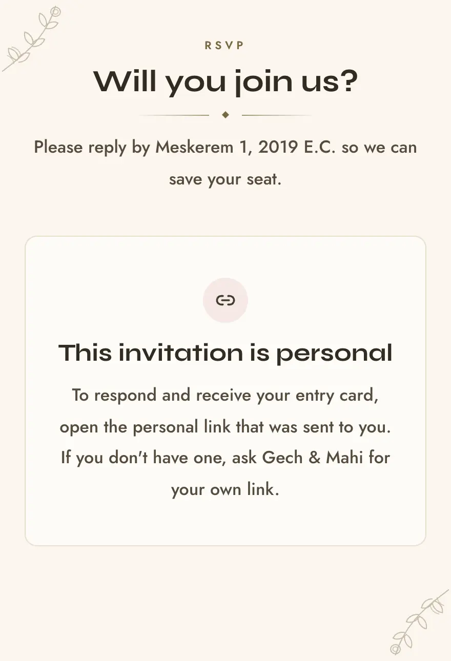 What a visitor without a link sees — a panel reading “This invitation is personal”, and no RSVP form