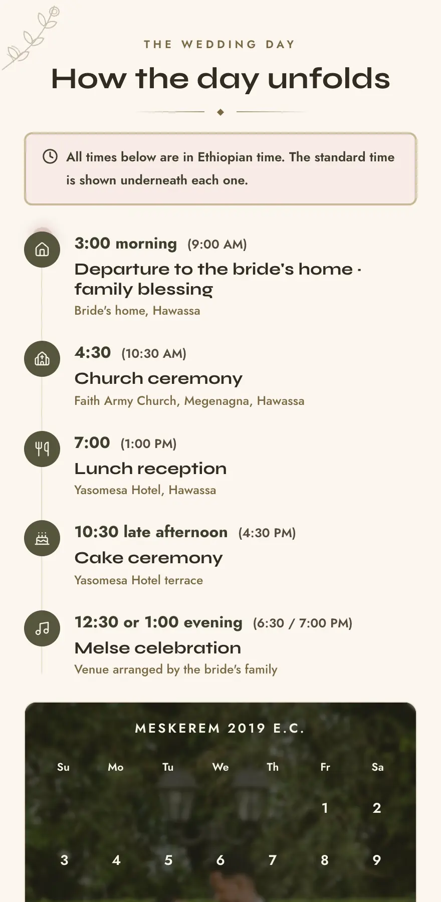 The day's programme in Ethiopian time, with the standard time beneath each entry